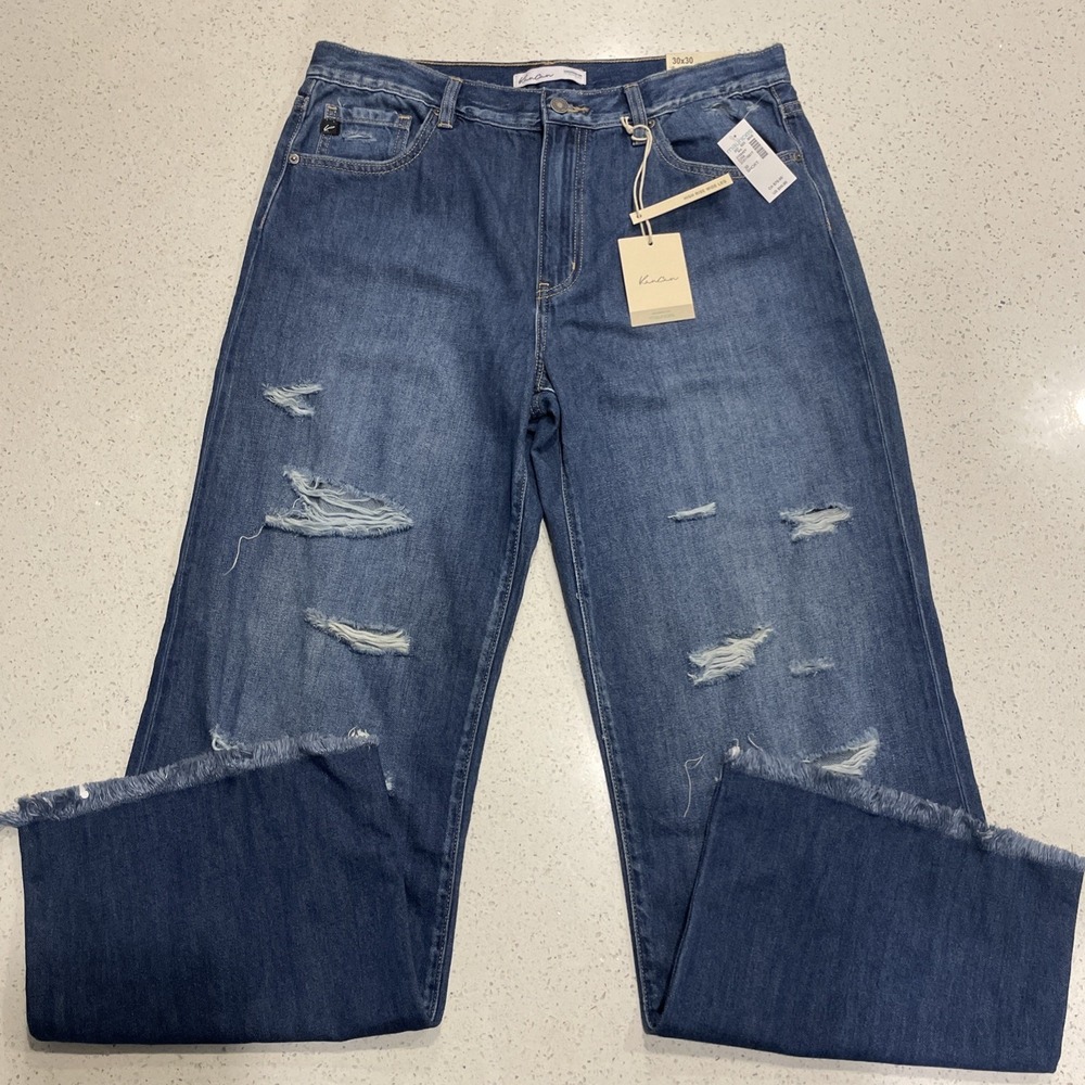 NWT- KANCAN Womens High Rise Wide Leg Distressed Jeans 30X30 Raw Hem